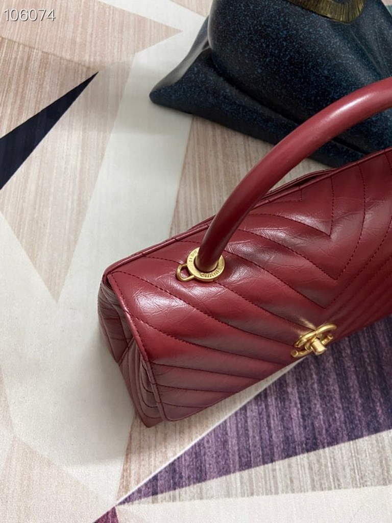 Chanel Large Top Handle Bag A92991 lambskin V gird Wine Red Gold