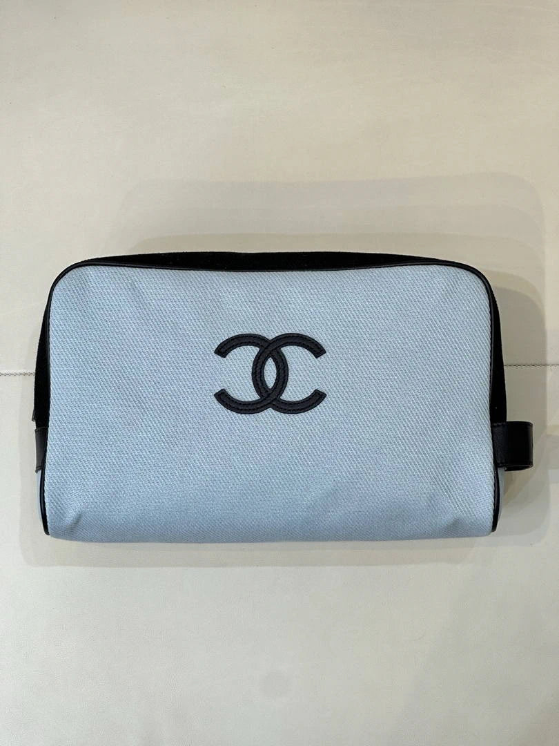 Chanel Large Zipped Pouch Canvas Calfskin & Silver-Tone Metal  AP5267 Blue & Black - Default Title - View 1