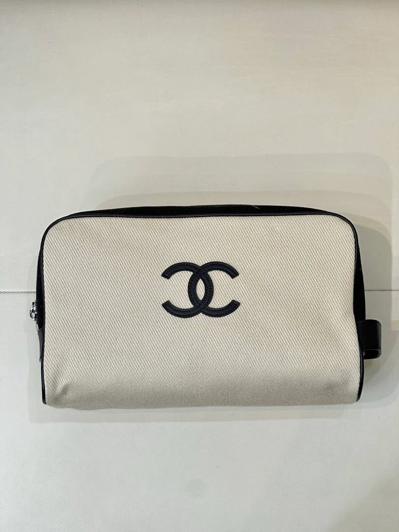 Chanel Large Zipped Pouch Canvas Calfskin & Silver-Tone Metal  AP5267 White &Black - Default Title - View 1