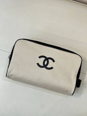 Chanel Large Zipped Pouch Canvas Calfskin & Silver-Tone Metal  AP5267 White &Black - Default Title - View 2