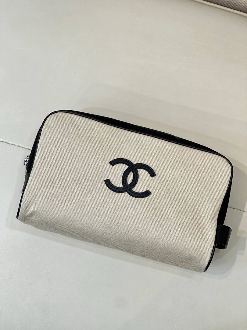 Chanel Large Zipped Pouch Canvas Calfskin & Silver-Tone Metal  AP5267 White &Black - Default Title - View 2