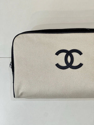 Chanel Large Zipped Pouch Canvas Calfskin & Silver-Tone Metal  AP5267 White &Black - Default Title - View 3