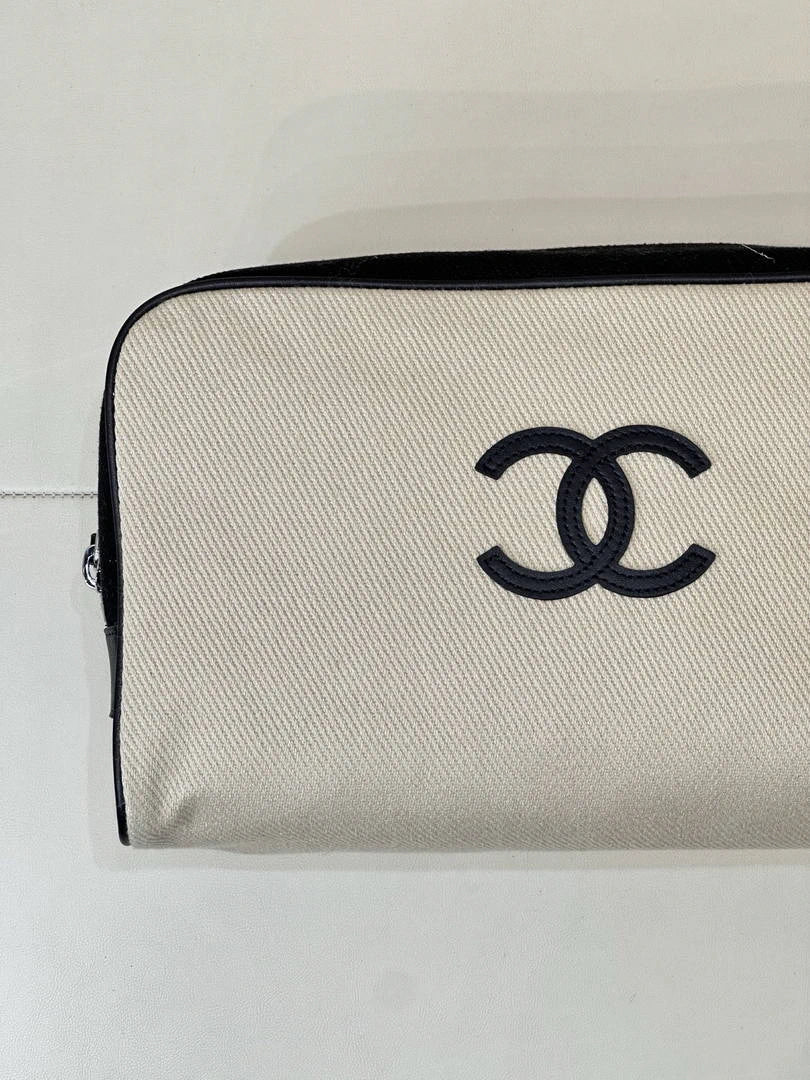 Chanel Large Zipped Pouch Canvas Calfskin & Silver-Tone Metal  AP5267 White &Black - Default Title - View 3