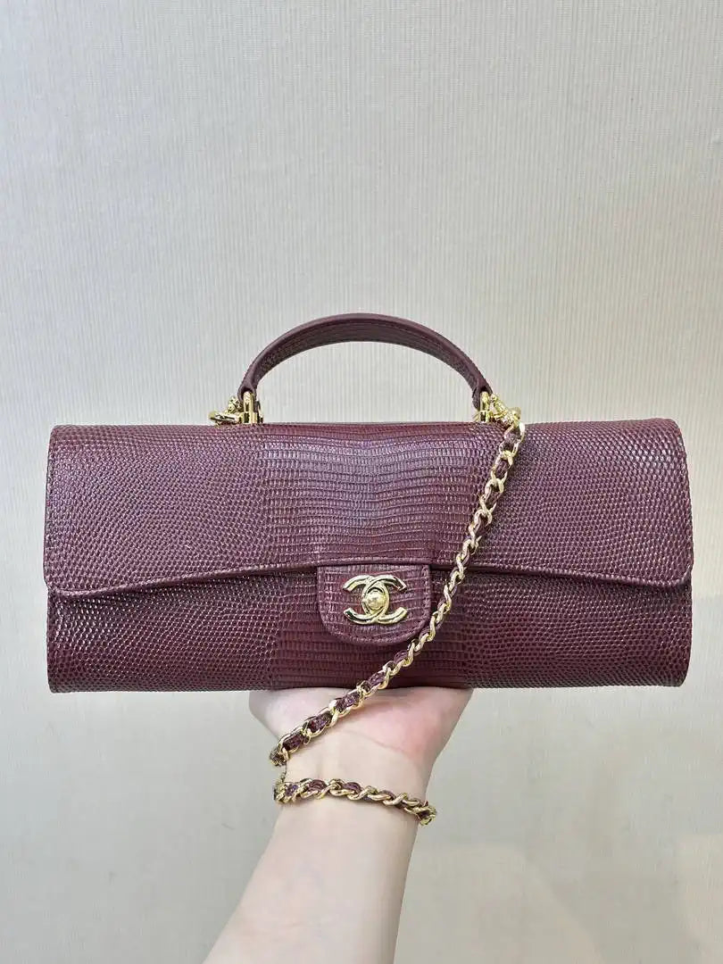 Chanel Lizard Embossed Calfskin & Gold-Tone Metal  AP5280 Wine Red