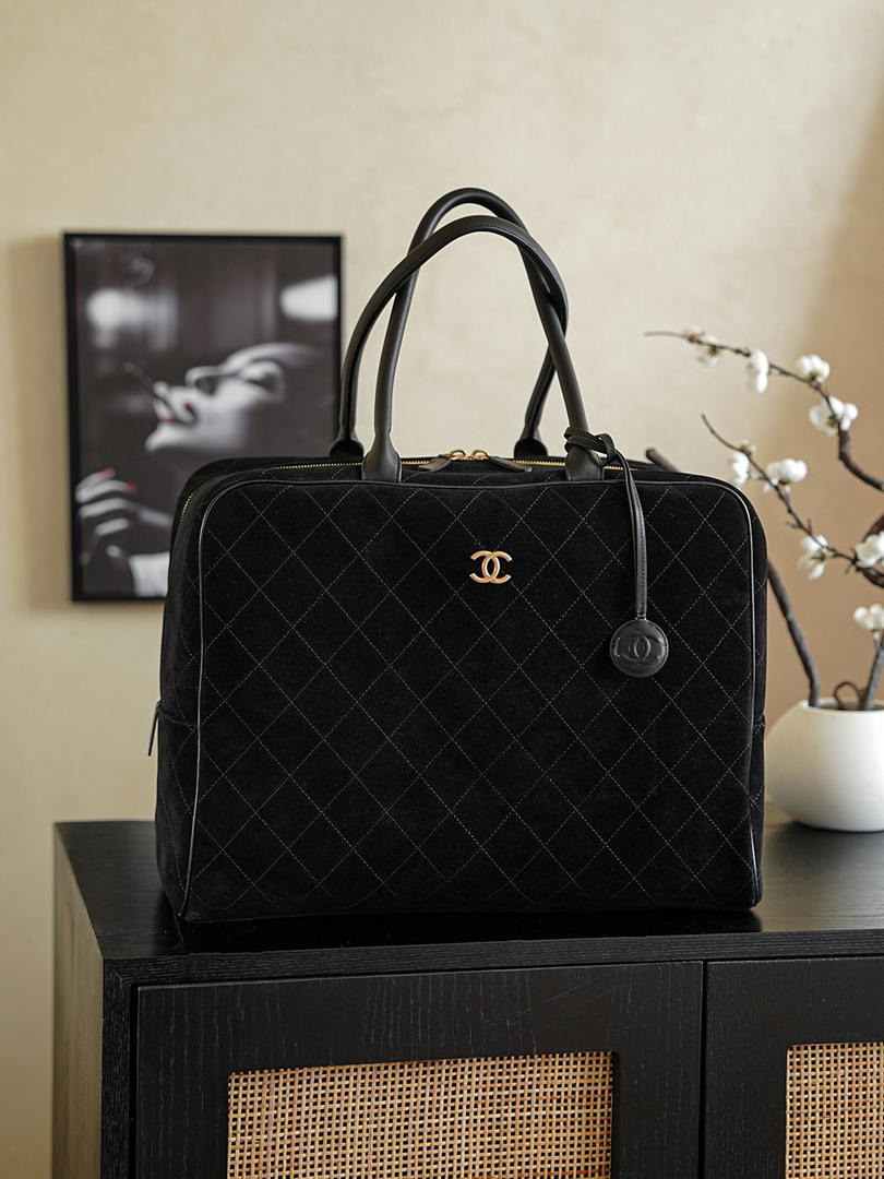Chanel Maxi Bowling Bag Suede Calfskin & Gold-Tone Metal  AS6212 Black