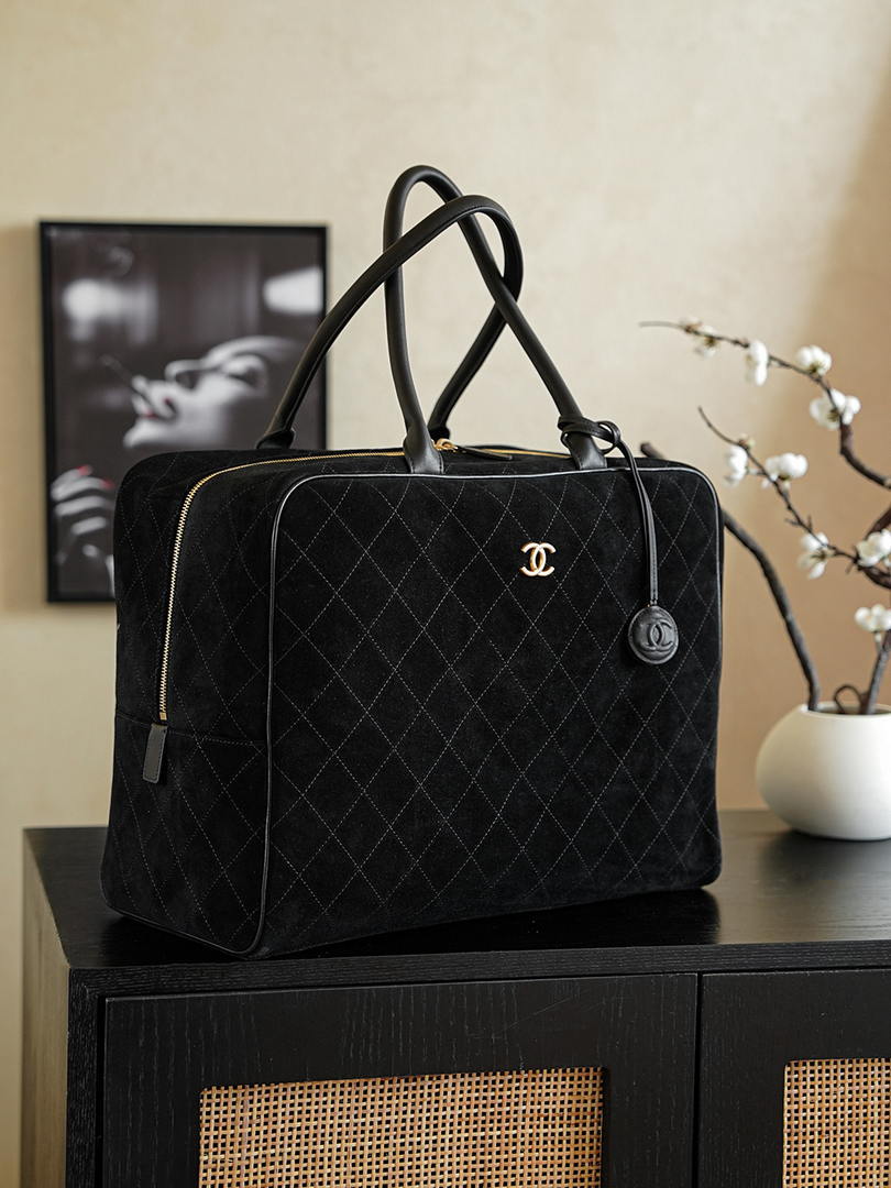 Chanel Maxi Bowling Bag Suede Calfskin & Gold-Tone Metal  AS6212 Black