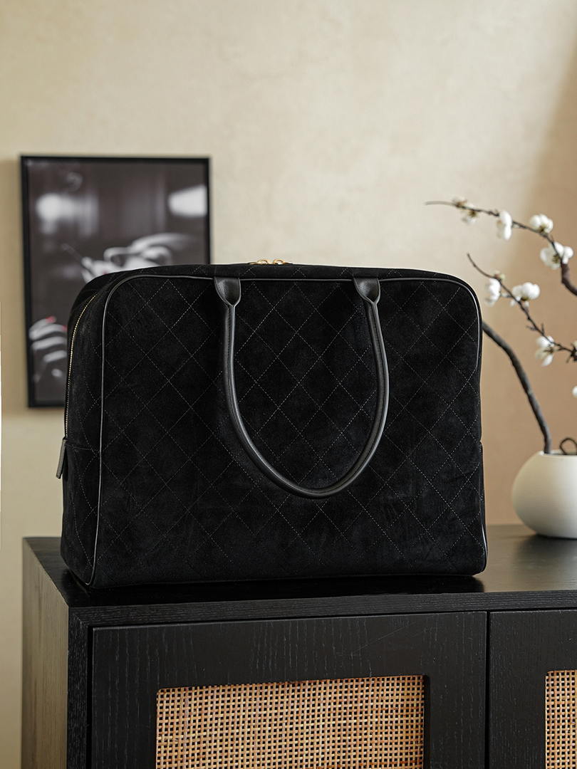 Chanel Maxi Bowling Bag Suede Calfskin & Gold-Tone Metal  AS6212 Black