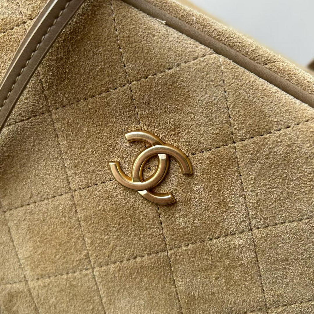Chanel Maxi Bowling Bag Suede Calfskin & Gold-Tone Metal  AS6212 Dark Beige