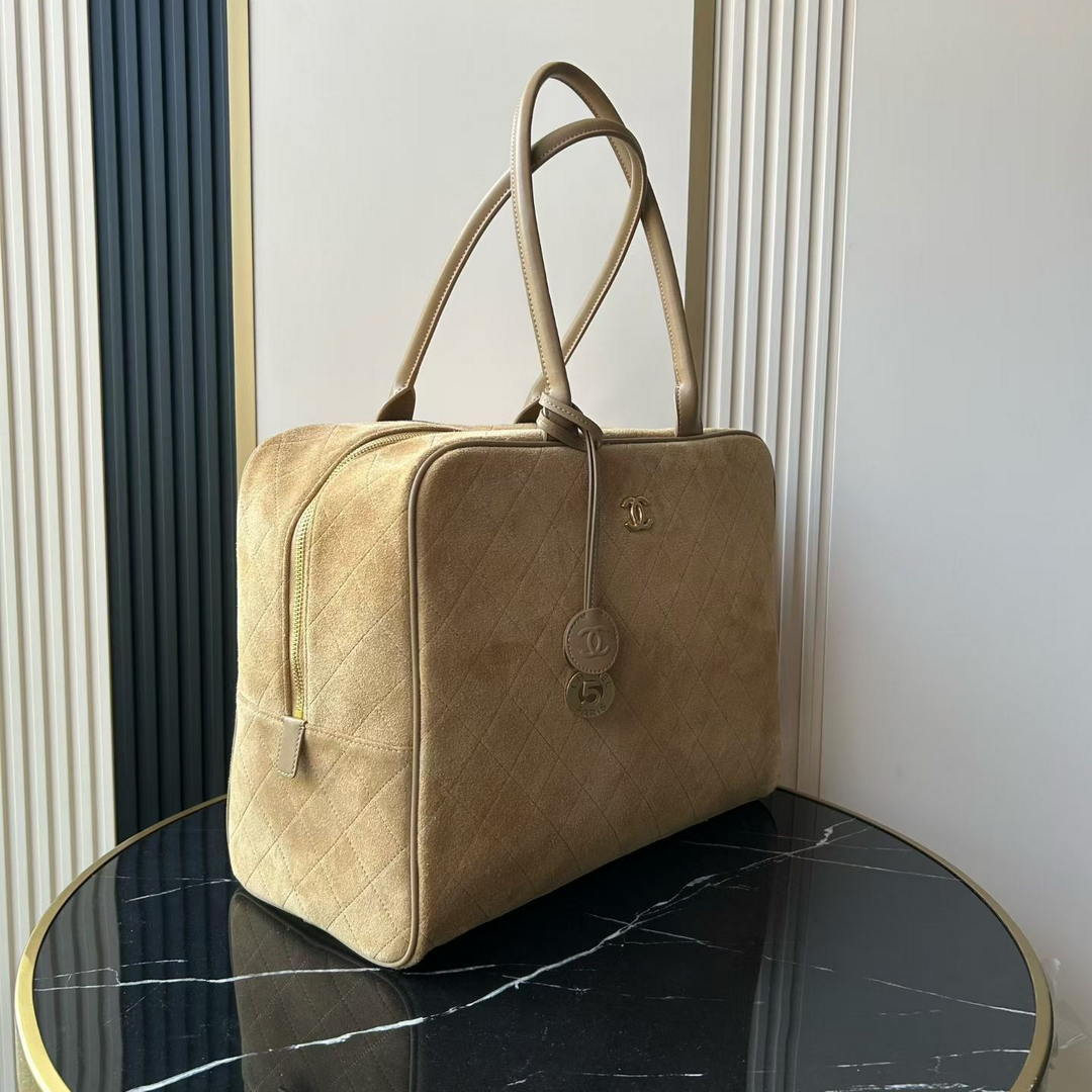 Chanel Maxi Bowling Bag Suede Calfskin & Gold-Tone Metal  AS6212 Dark Beige