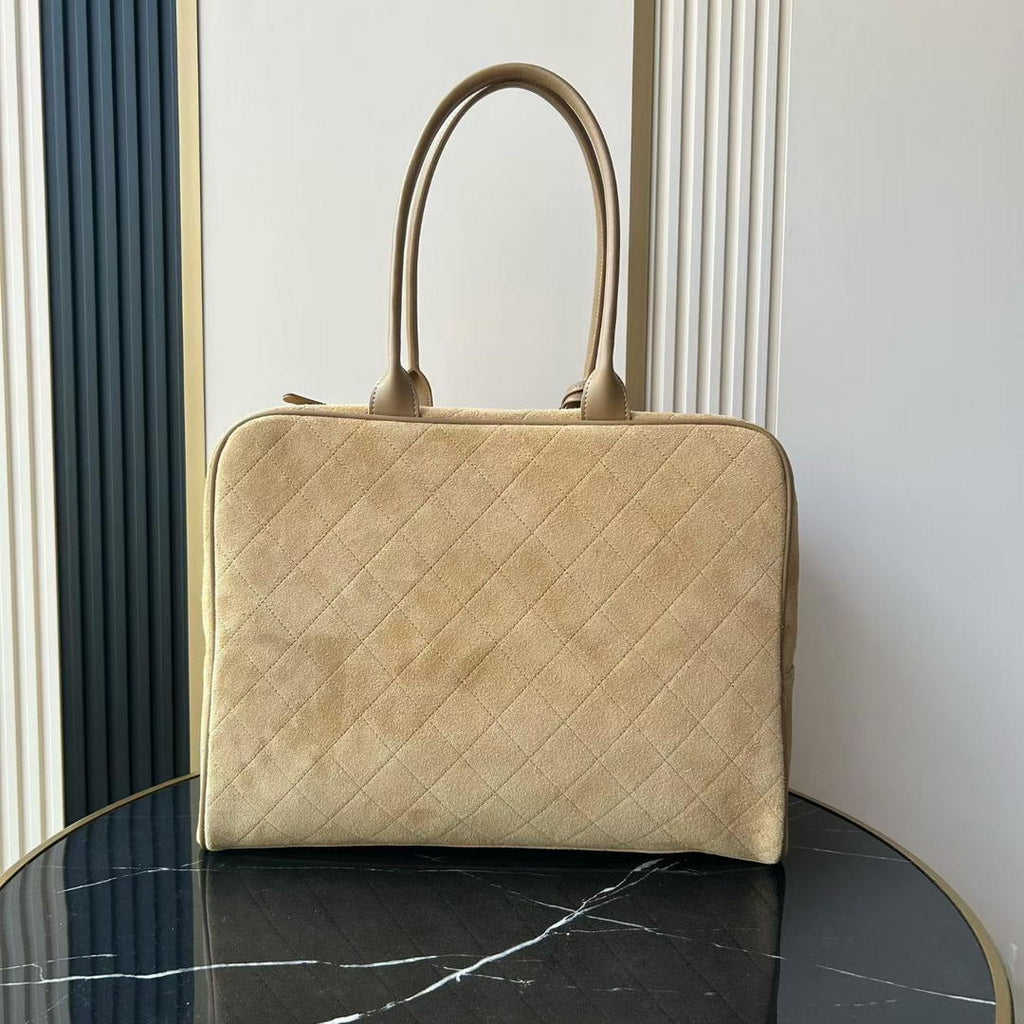 Chanel Maxi Bowling Bag Suede Calfskin & Gold-Tone Metal  AS6212 Dark Beige
