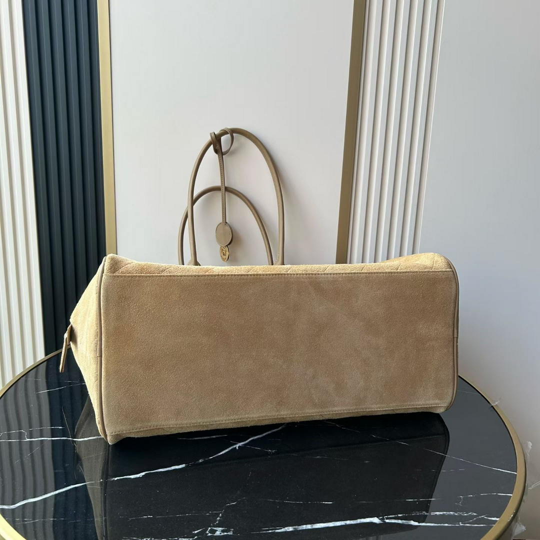 Chanel Maxi Bowling Bag Suede Calfskin & Gold-Tone Metal  AS6212 Dark Beige
