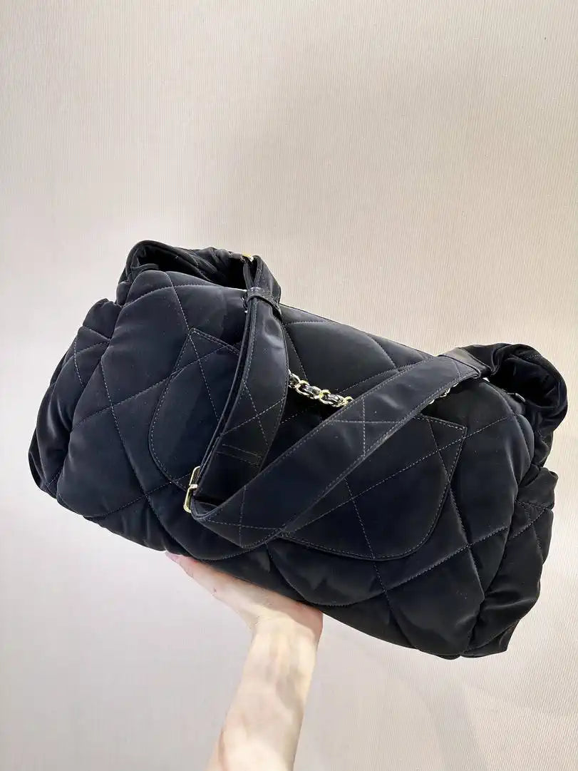 Chanel Maxi Bowling Bag Velvet-Effect Nylon & Gold-Tone Metal AS5055 Black