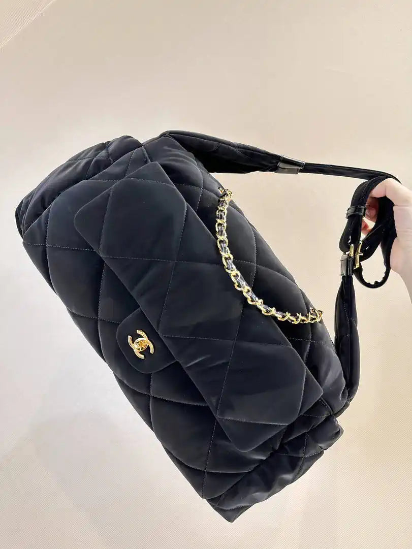 Chanel Maxi Bowling Bag Velvet-Effect Nylon & Gold-Tone Metal AS5055 Black