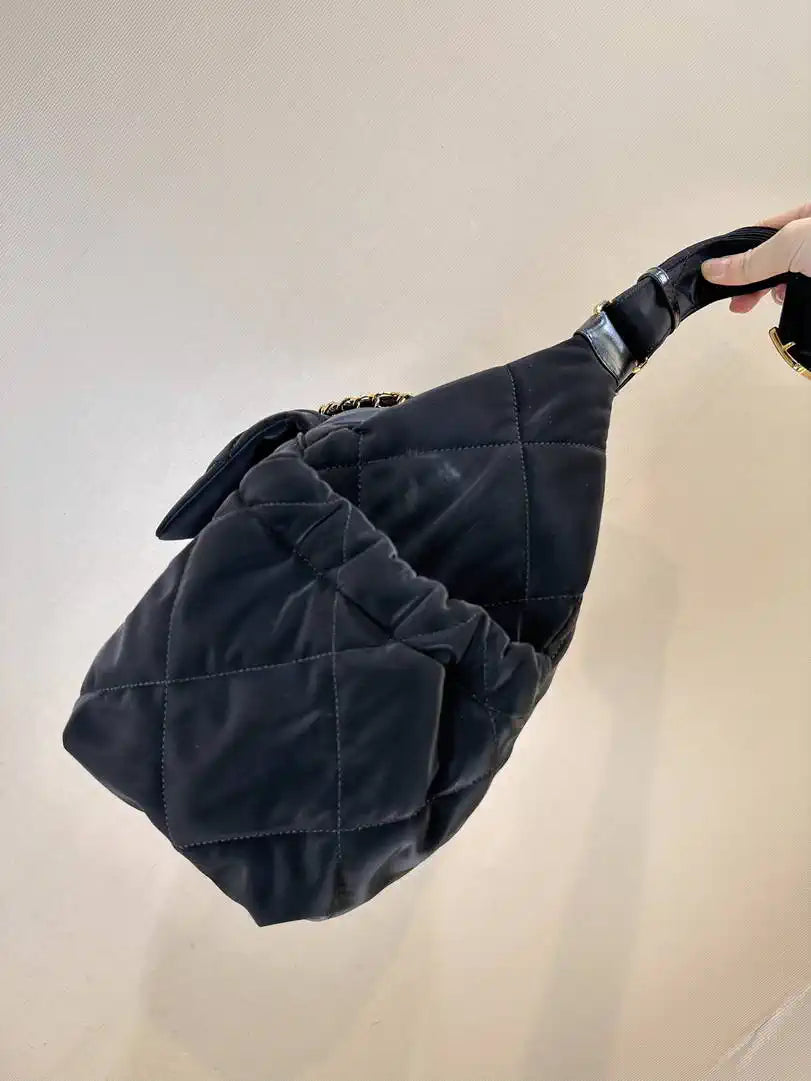 Chanel Maxi Bowling Bag Velvet-Effect Nylon & Gold-Tone Metal AS5055 Black