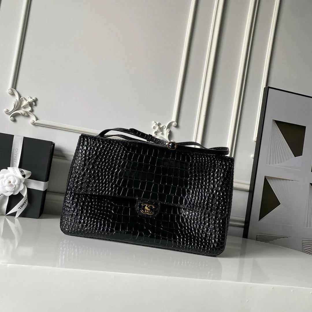 Chanel Maxi Flapbag Grained calfskin & gold-tone metal AS6233 Crocodile pattern Black - Default Title - View 1