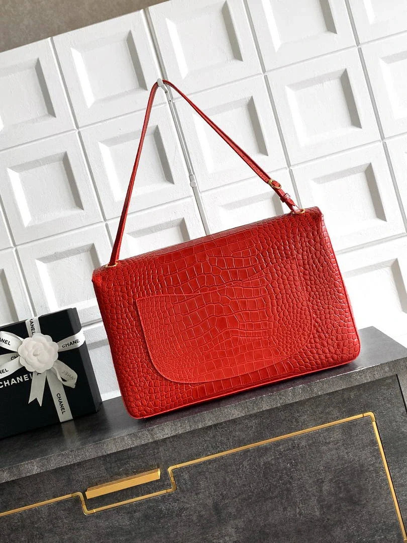 Chanel Maxi Flapbag Grained calfskin & gold-tone metal AS6233 Crocodile pattern Red - Default Title - View 3