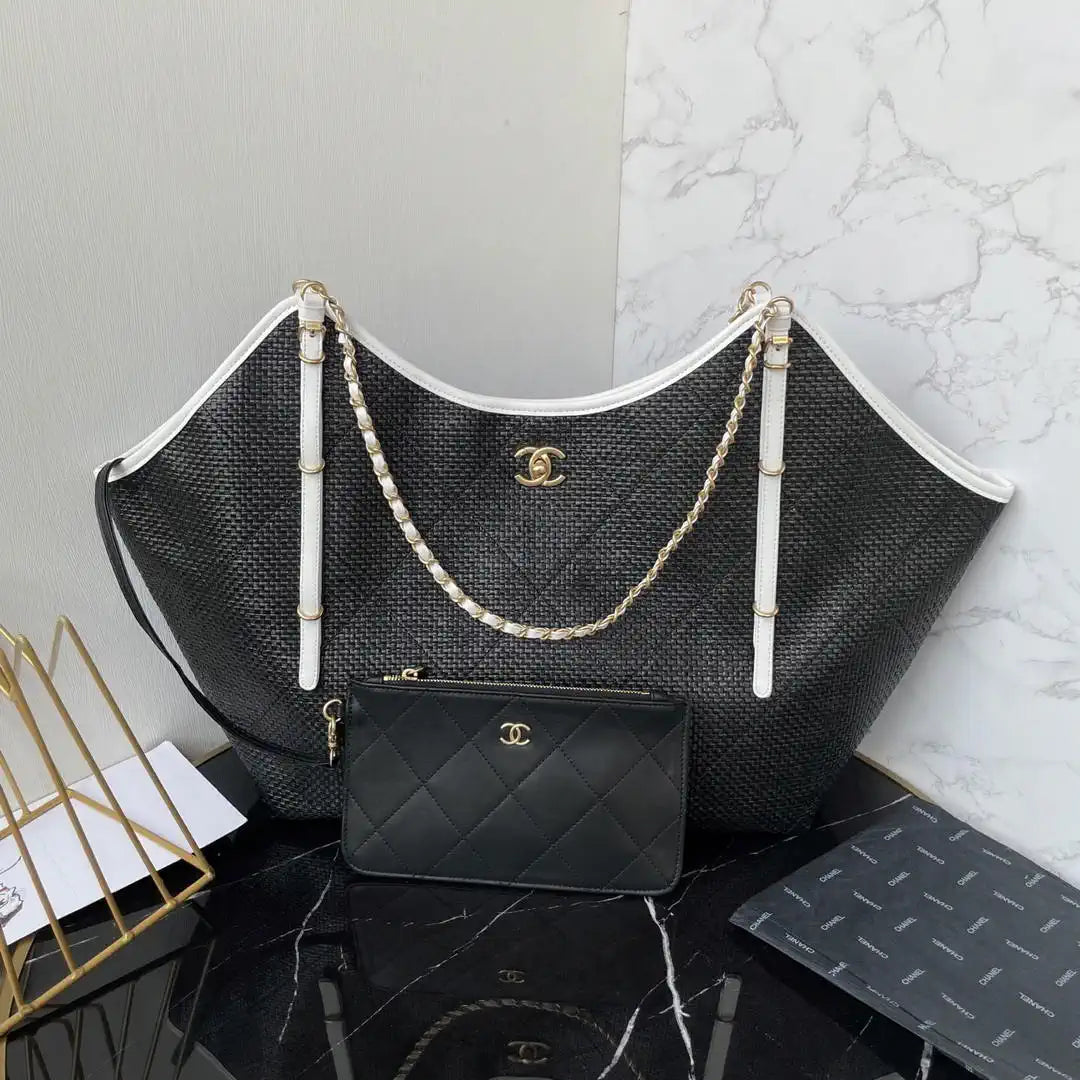 Chanel Maxi Shopping Bag Braided Raffia Calfskin & Gold-Tone Metal AS5463 Black