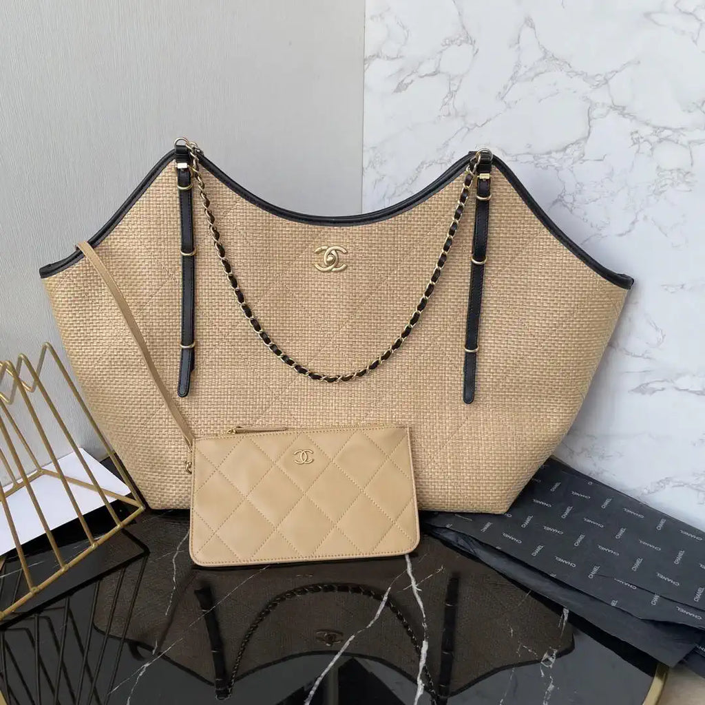 Chanel Maxi Shopping Bag Braided Raffia Calfskin & Gold-Tone Metal AS5463 Apricot