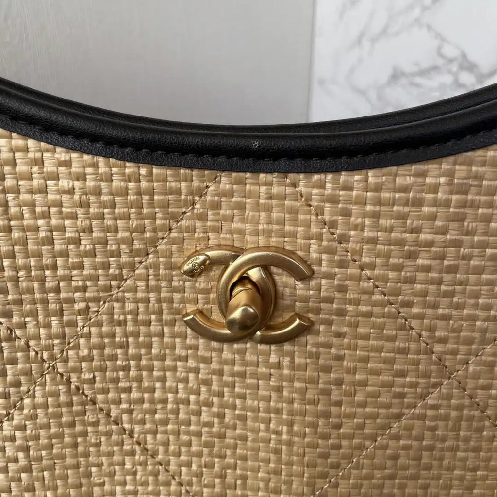 Chanel Maxi Shopping Bag Braided Raffia Calfskin & Gold-Tone Metal AS5463 Apricot