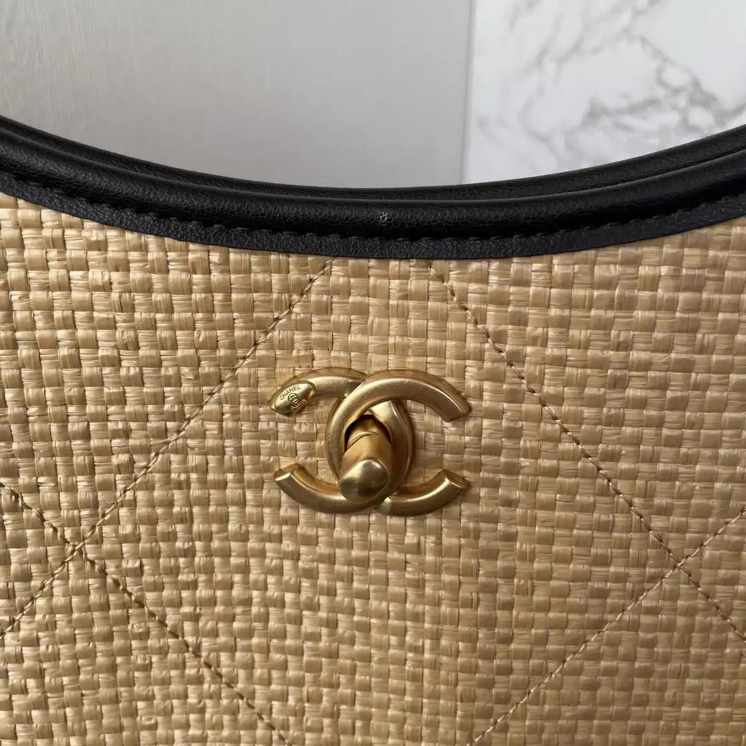 Chanel Maxi Shopping Bag Braided Raffia Calfskin & Gold-Tone Metal AS5463 Apricot