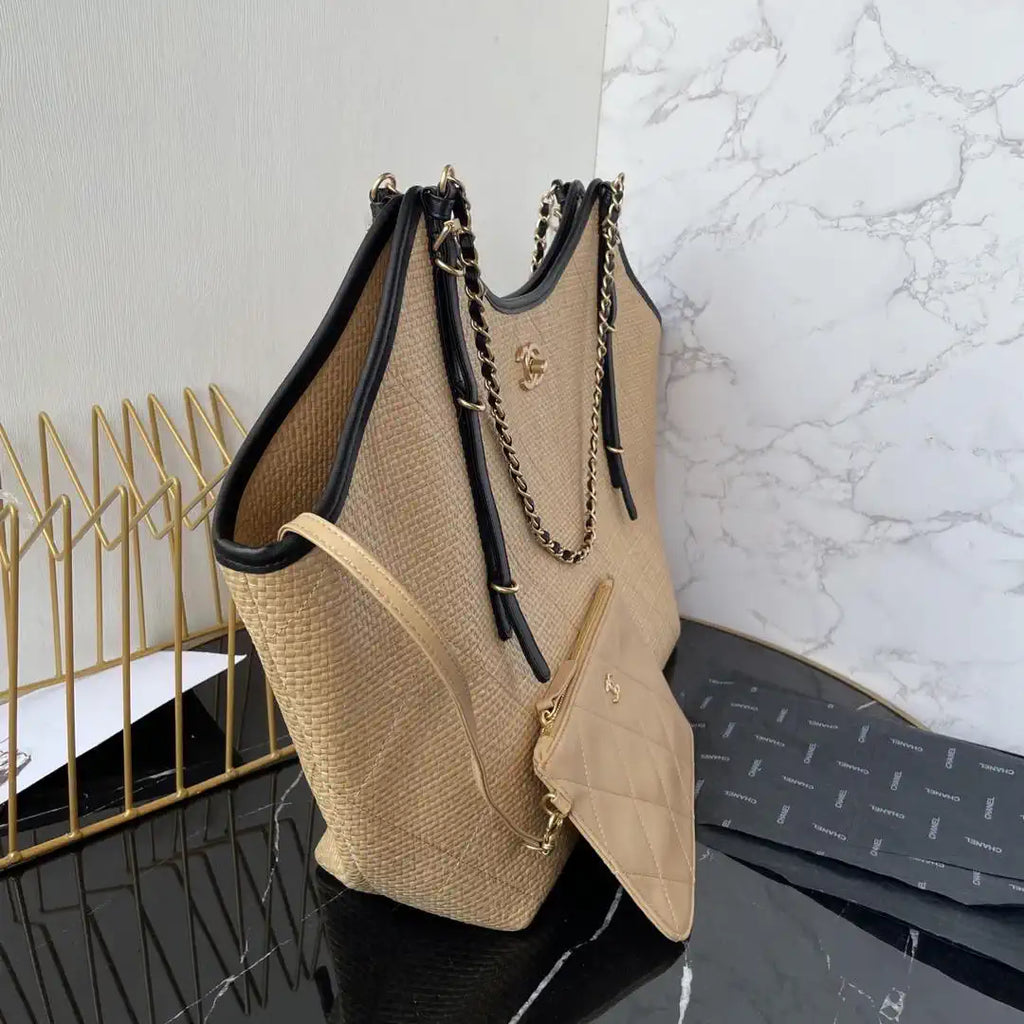 Chanel Maxi Shopping Bag Braided Raffia Calfskin & Gold-Tone Metal AS5463 Apricot