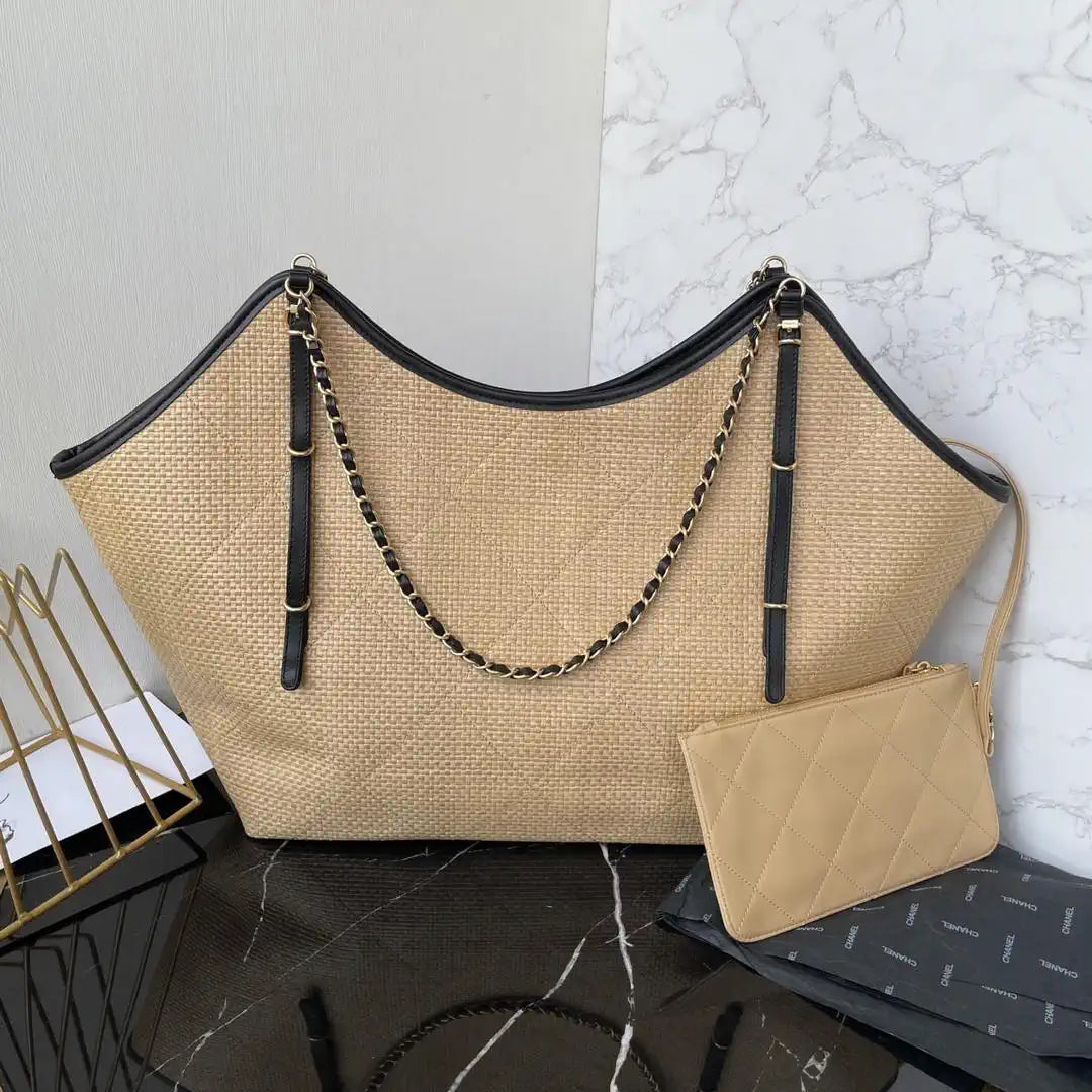 Chanel Maxi Shopping Bag Braided Raffia Calfskin & Gold-Tone Metal AS5463 Apricot