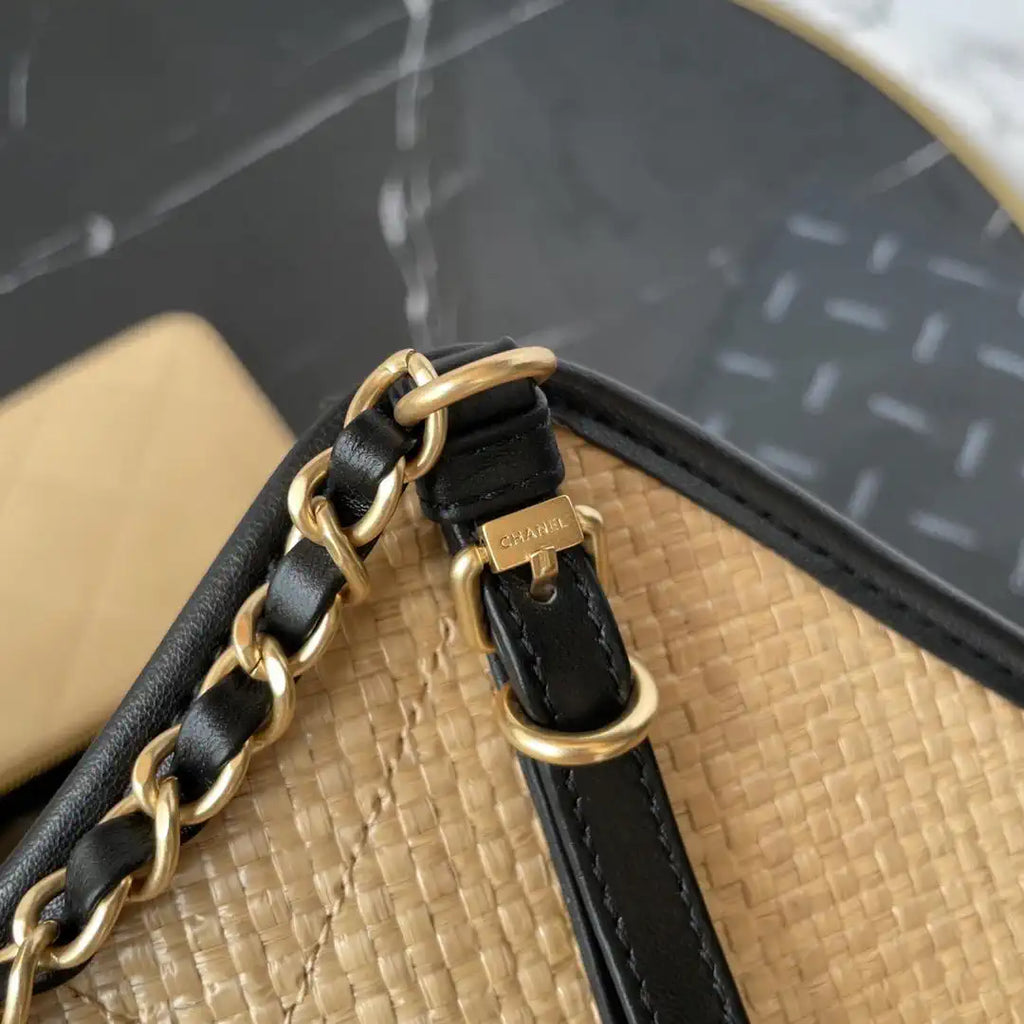 Chanel Maxi Shopping Bag Braided Raffia Calfskin & Gold-Tone Metal AS5463 Apricot