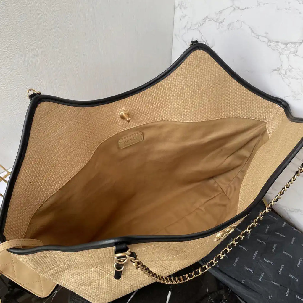 Chanel Maxi Shopping Bag Braided Raffia Calfskin & Gold-Tone Metal AS5463 Apricot