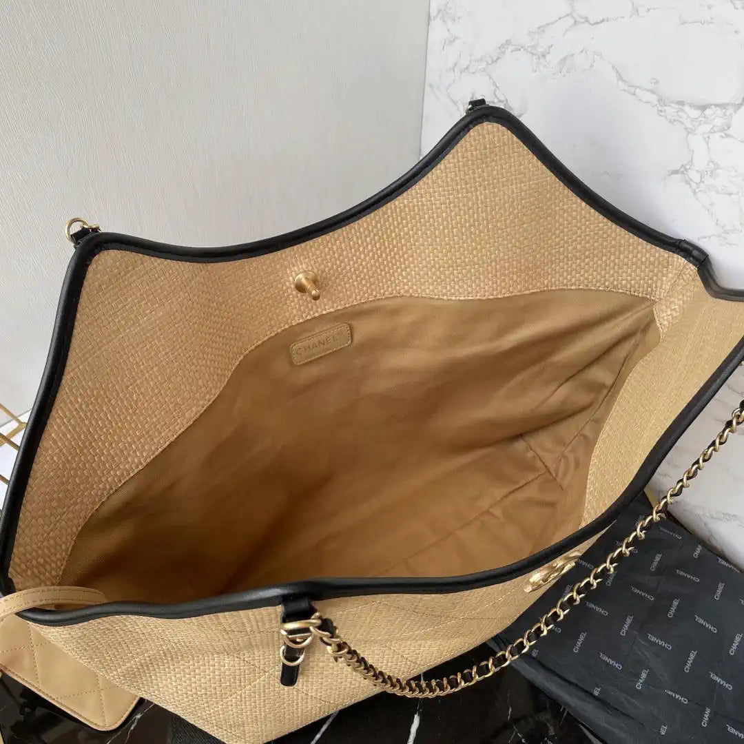 Chanel Maxi Shopping Bag Braided Raffia Calfskin & Gold-Tone Metal AS5463 Apricot