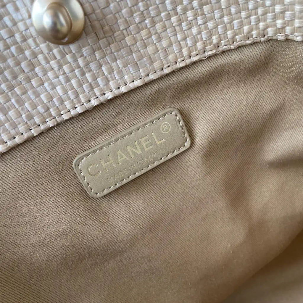 Chanel Maxi Shopping Bag Braided Raffia Calfskin & Gold-Tone Metal AS5463 Apricot