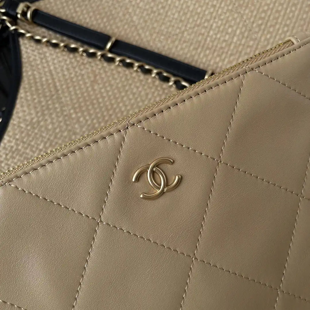 Chanel Maxi Shopping Bag Braided Raffia Calfskin & Gold-Tone Metal AS5463 Apricot