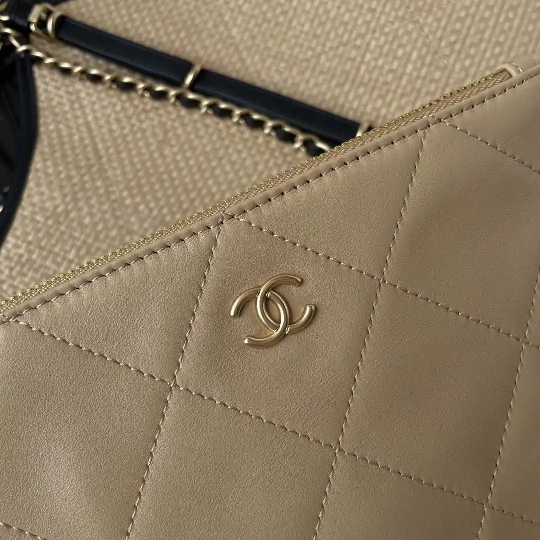 Chanel Maxi Shopping Bag Braided Raffia Calfskin & Gold-Tone Metal AS5463 Apricot