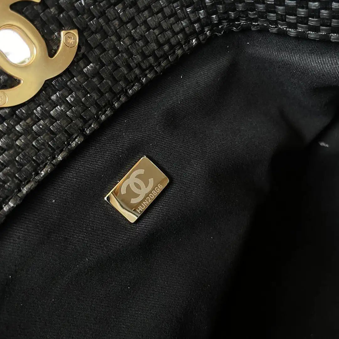 Chanel Maxi Shopping Bag Braided Raffia Calfskin & Gold-Tone Metal AS5463 Black