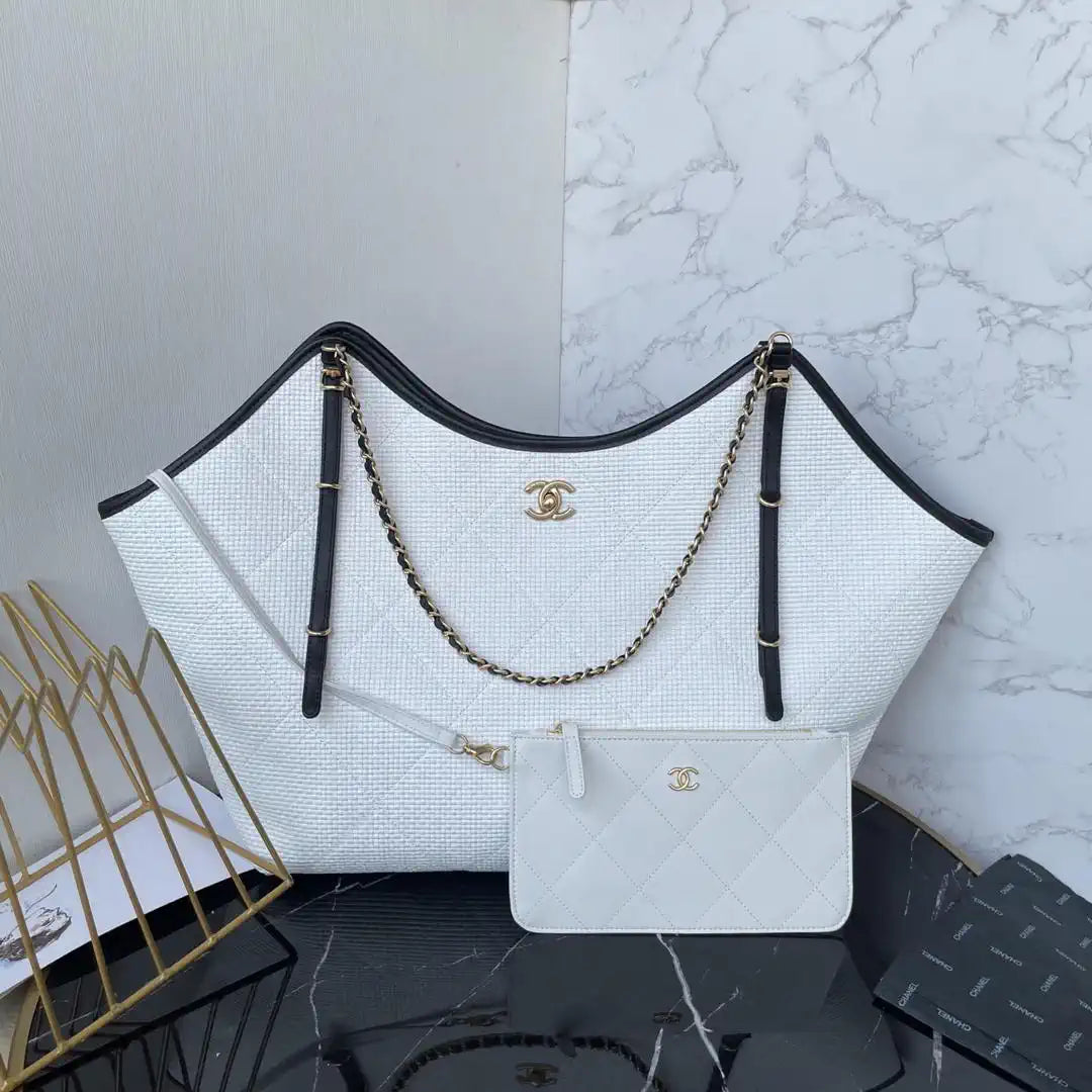 Chanel Maxi Shopping Bag Braided Raffia Calfskin & Gold-Tone Metal AS5463 White & Black