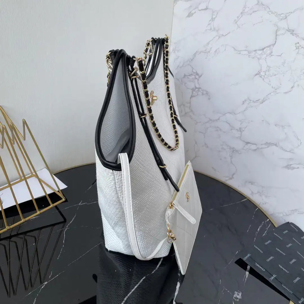 Chanel Maxi Shopping Bag Braided Raffia Calfskin & Gold-Tone Metal AS5463 White & Black