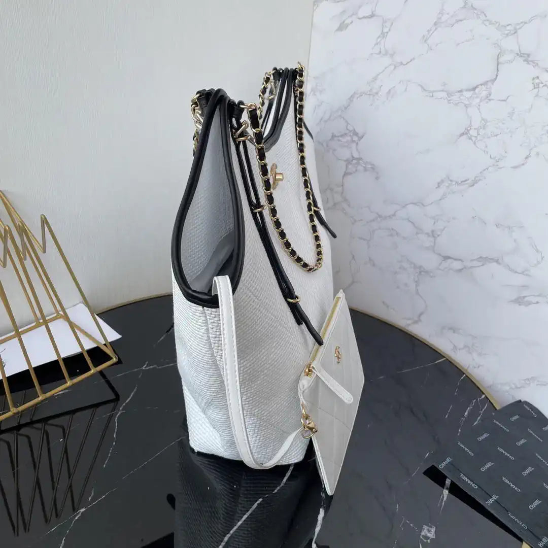 Chanel Maxi Shopping Bag Braided Raffia Calfskin & Gold-Tone Metal AS5463 White & Black