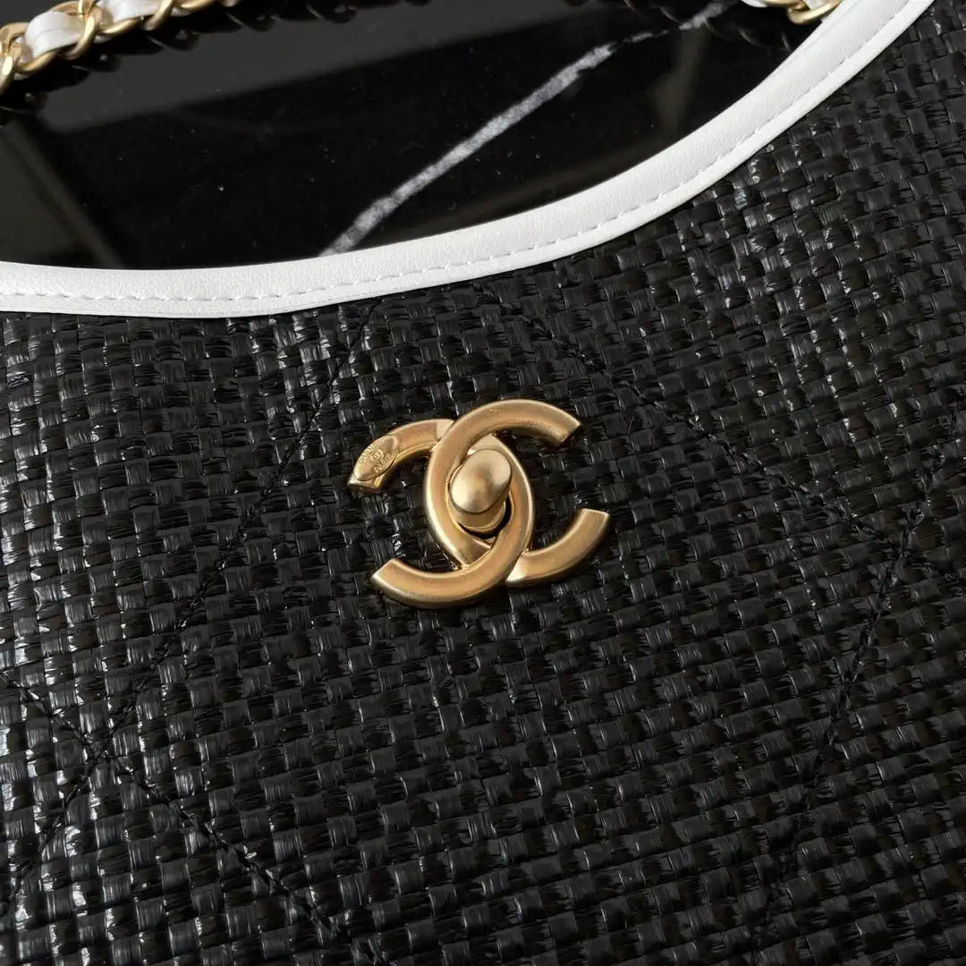 Chanel Maxi Shopping Bag Braided Raffia Calfskin & Gold-Tone Metal AS5463 Black