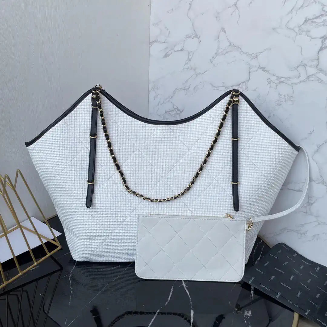 Chanel Maxi Shopping Bag Braided Raffia Calfskin & Gold-Tone Metal AS5463 White & Black