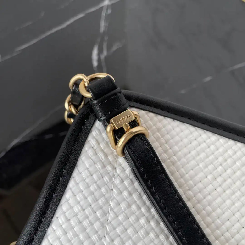 Chanel Maxi Shopping Bag Braided Raffia Calfskin & Gold-Tone Metal AS5463 White & Black