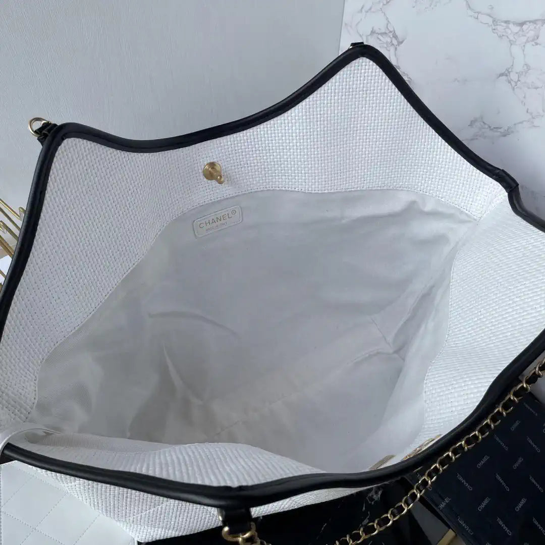 Chanel Maxi Shopping Bag Braided Raffia Calfskin & Gold-Tone Metal AS5463 White & Black