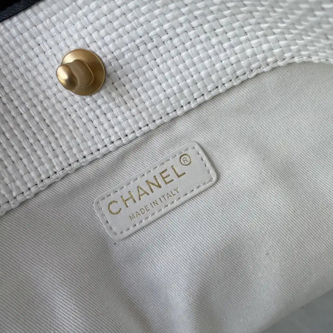 Chanel Maxi Shopping Bag Braided Raffia Calfskin & Gold-Tone Metal AS5463 White & Black