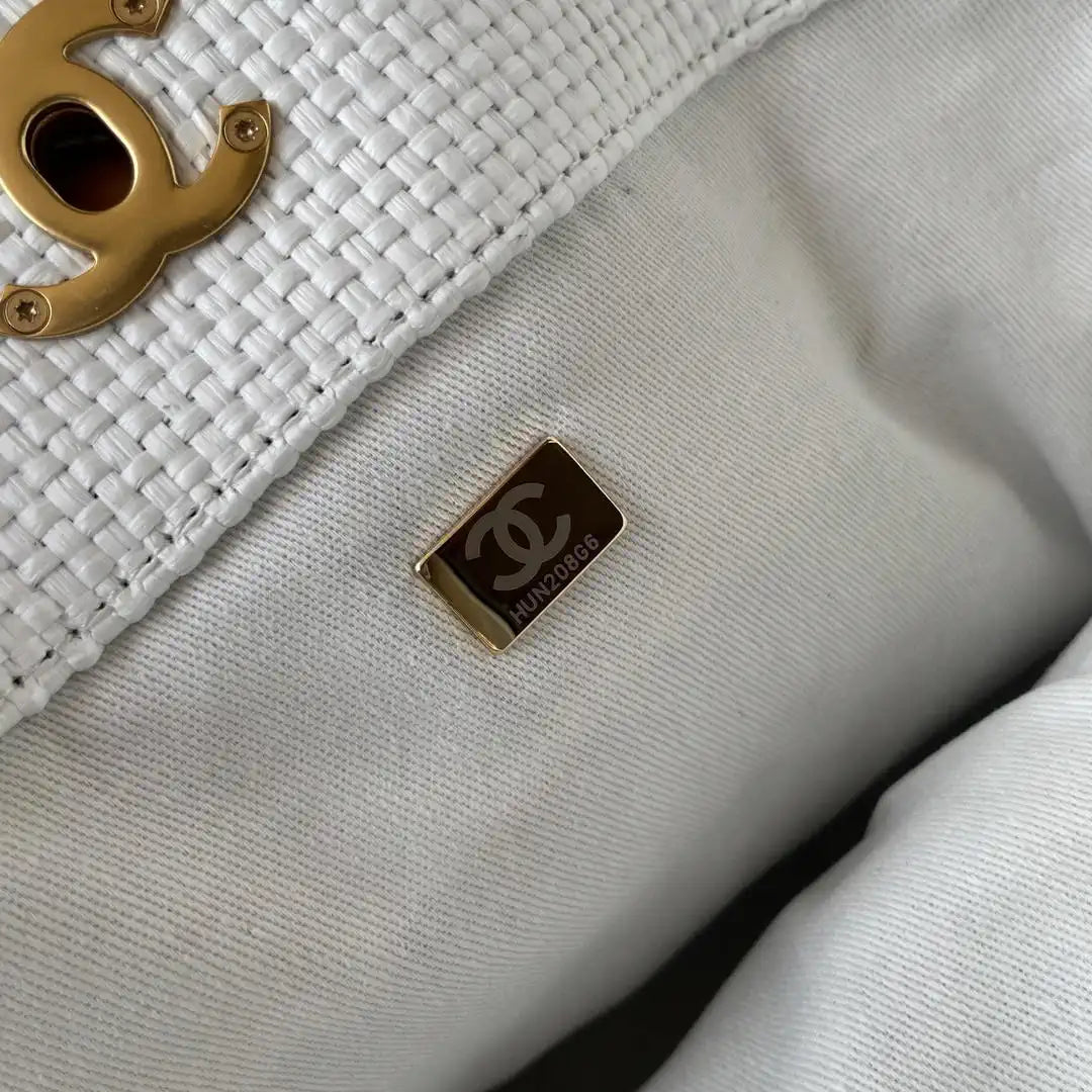 Chanel Maxi Shopping Bag Braided Raffia Calfskin & Gold-Tone Metal AS5463 White & Black