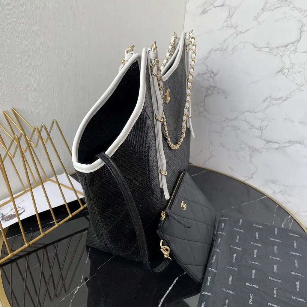 Chanel Maxi Shopping Bag Braided Raffia Calfskin & Gold-Tone Metal AS5463 Black