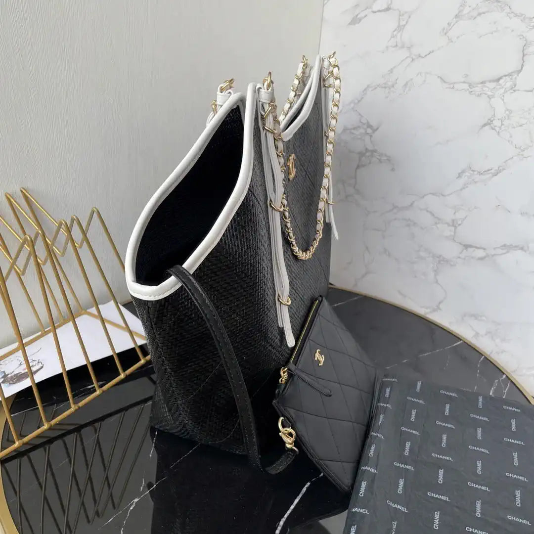 Chanel Maxi Shopping Bag Braided Raffia Calfskin & Gold-Tone Metal AS5463 Black