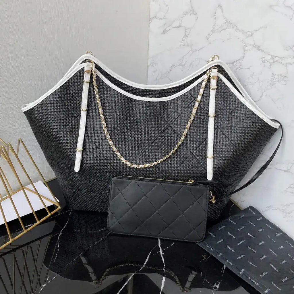 Chanel Maxi Shopping Bag Braided Raffia Calfskin & Gold-Tone Metal AS5463 Black