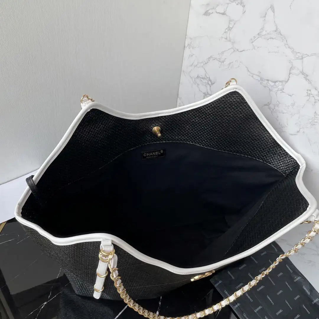 Chanel Maxi Shopping Bag Braided Raffia Calfskin & Gold-Tone Metal AS5463 Black