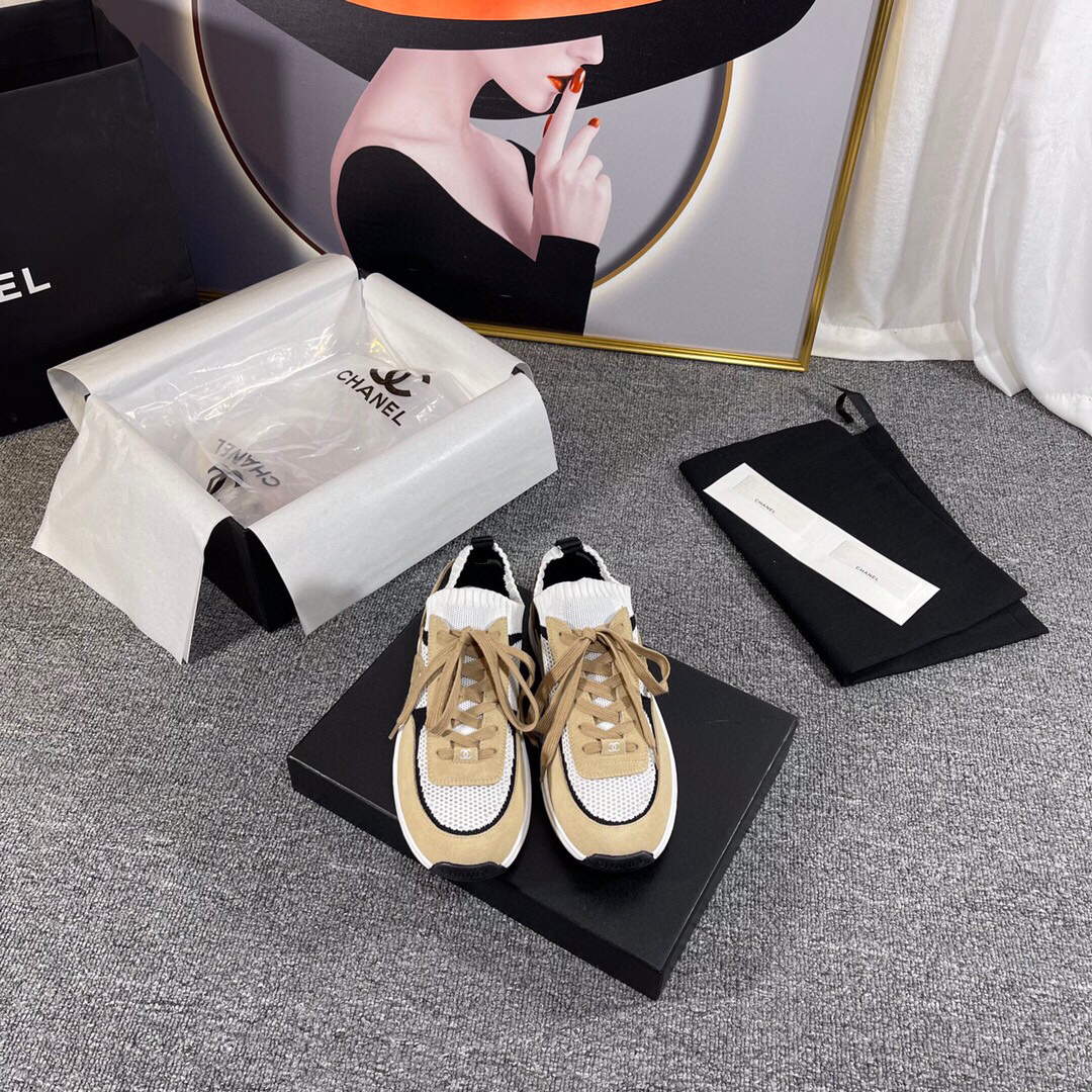 Chanel Men Women's Sneaker Shoes G38750 Tan and White Calfskin