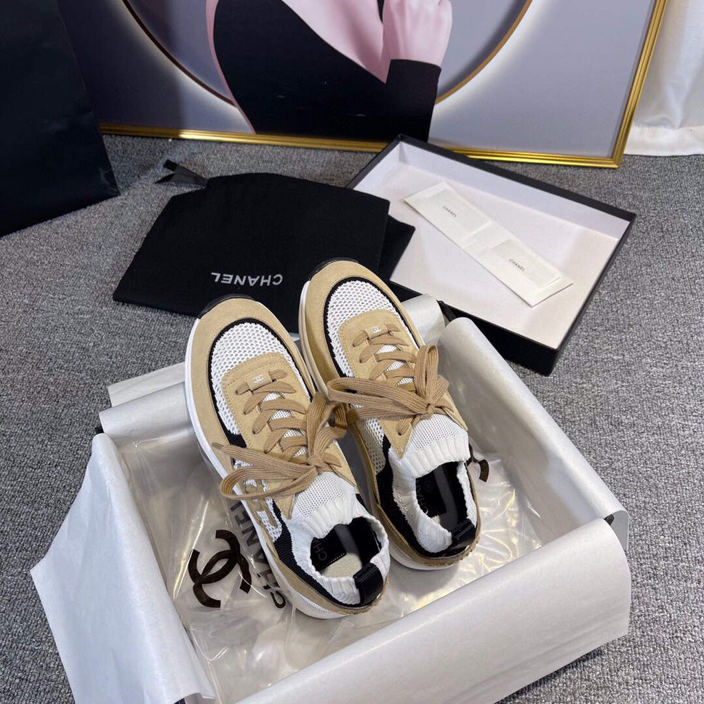Chanel Men Women's Sneaker Shoes G38750 Tan and White Calfskin
