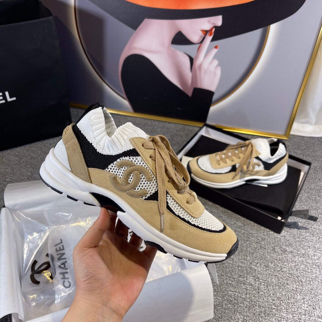 Chanel Men Women's Sneaker Shoes G38750 Tan and White Calfskin