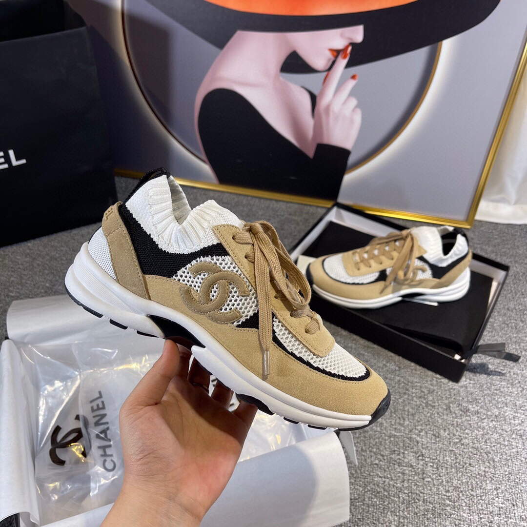 Chanel Men Women's Sneaker Shoes G38750 Tan and White Calfskin - 34 - View 3